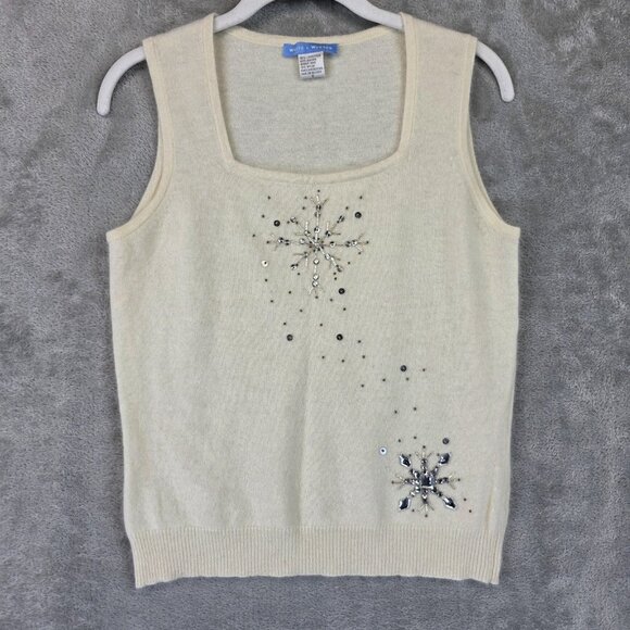 White + Warren Sweater Womens Small Ivory Angora Beaded Sequin Snowflake Tank - Picture 1 of 8